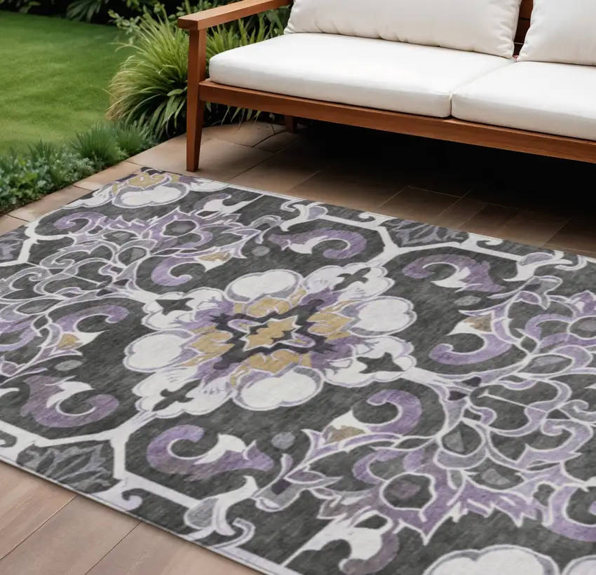 Purple And Charcoal Damask Washable Indoor Outdoor Area Rug Photo 2