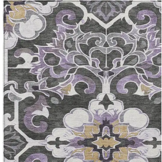 Purple And Charcoal Damask Washable Indoor Outdoor Area Rug Photo 6