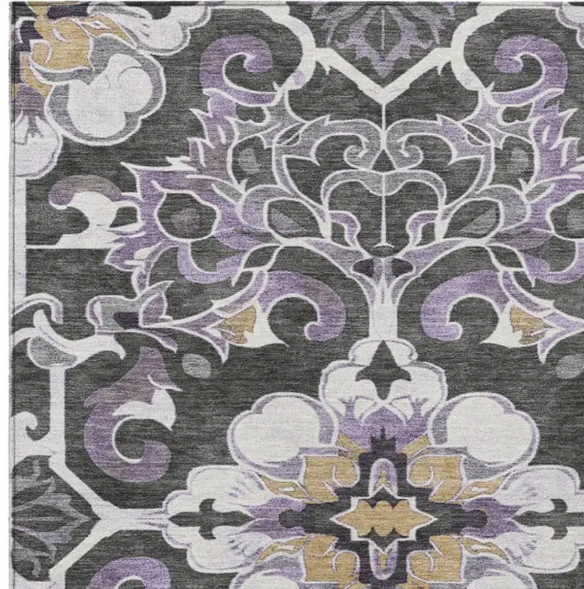 Purple And Charcoal Damask Washable Indoor Outdoor Area Rug Photo 6