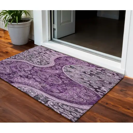 Purple And Charcoal Floral Medallion Washable Indoor Outdoor Area Rug Photo 1
