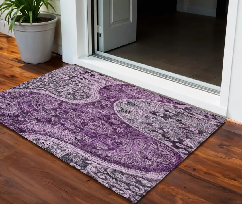 Purple And Charcoal Floral Medallion Washable Indoor Outdoor Area Rug Photo 1
