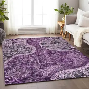 Photo of Purple And Charcoal Floral Medallion Washable Indoor Outdoor Area Rug