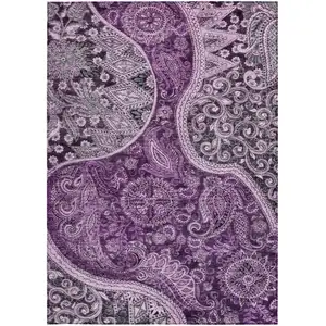 Photo of Purple And Charcoal Floral Medallion Washable Indoor Outdoor Area Rug