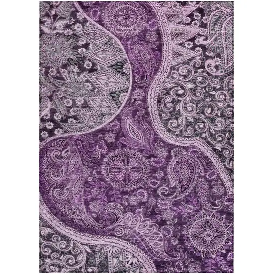 Purple And Charcoal Floral Medallion Washable Indoor Outdoor Area Rug Photo 5