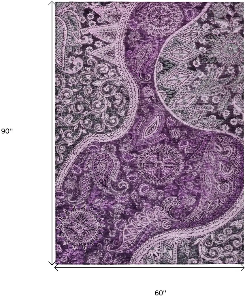 Purple And Charcoal Floral Medallion Washable Indoor Outdoor Area Rug Photo 6