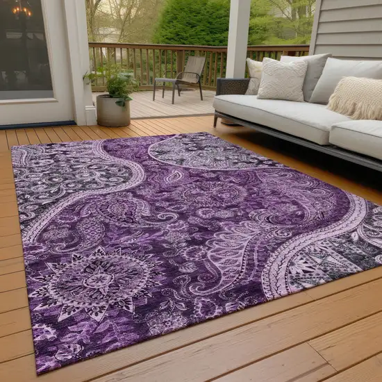 Purple And Charcoal Floral Medallion Washable Indoor Outdoor Area Rug Photo 9