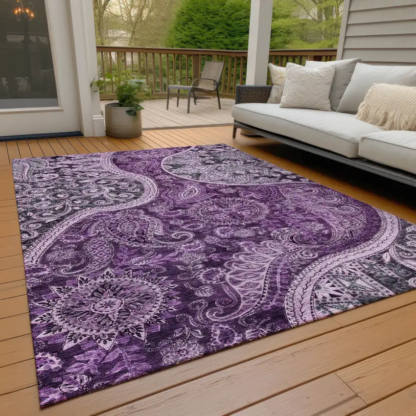 Purple And Charcoal Floral Medallion Washable Indoor Outdoor Area Rug Photo 9