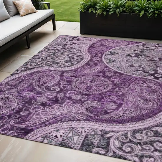 Purple And Charcoal Floral Medallion Washable Indoor Outdoor Area Rug Photo 1