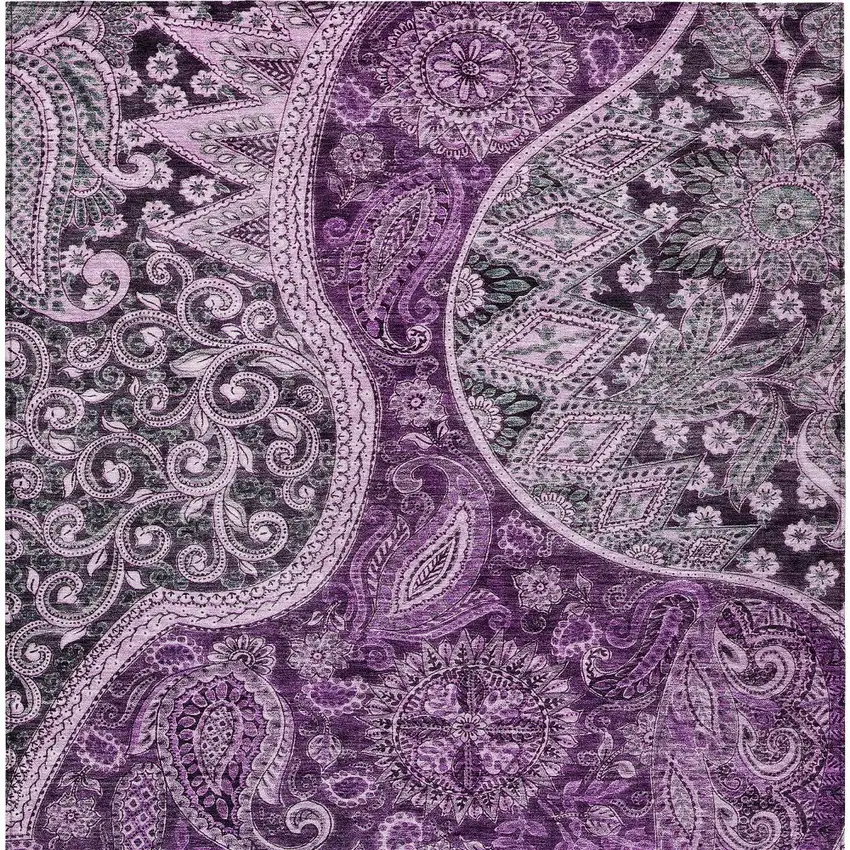 Purple And Charcoal Floral Medallion Washable Indoor Outdoor Area Rug Photo 6