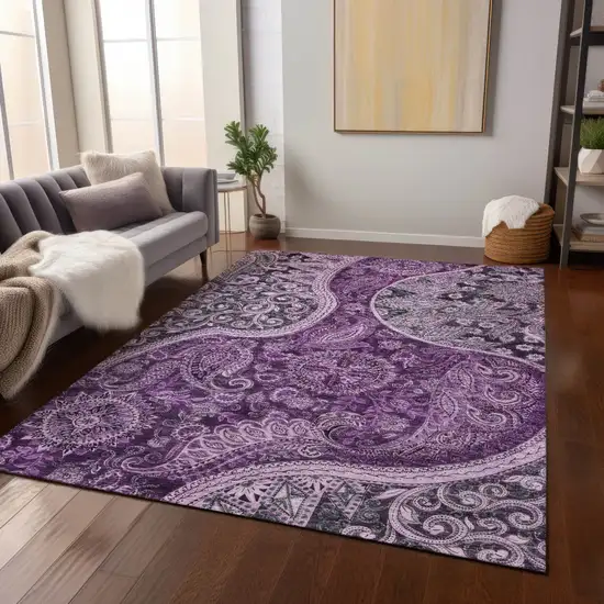 Purple And Charcoal Floral Medallion Washable Indoor Outdoor Area Rug Photo 9