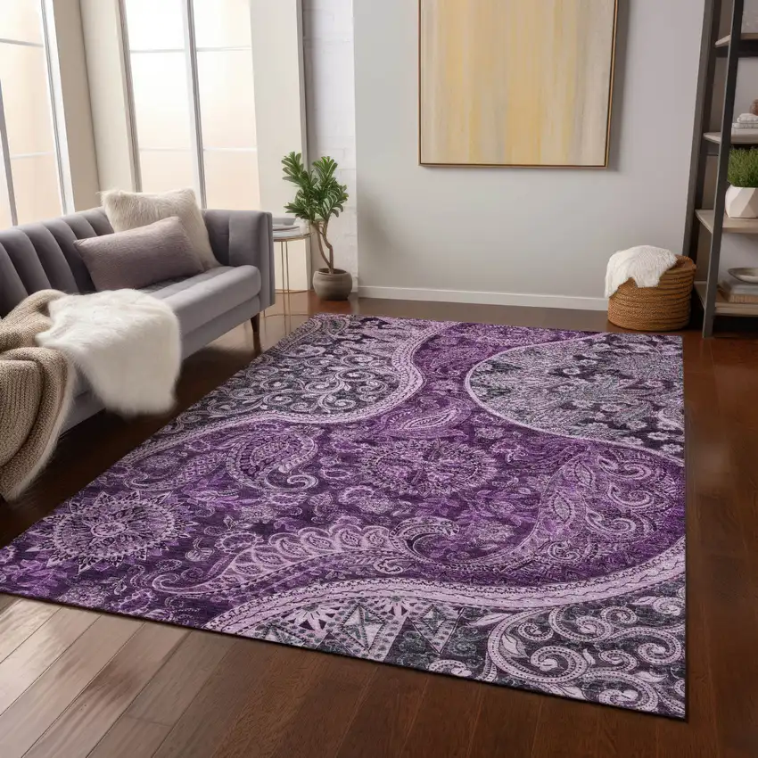 Purple And Charcoal Floral Medallion Washable Indoor Outdoor Area Rug Photo 9