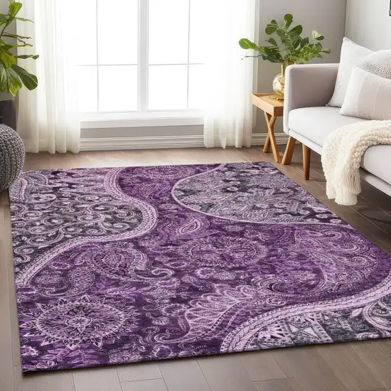 Purple And Charcoal Floral Medallion Washable Indoor Outdoor Area Rug Photo 8