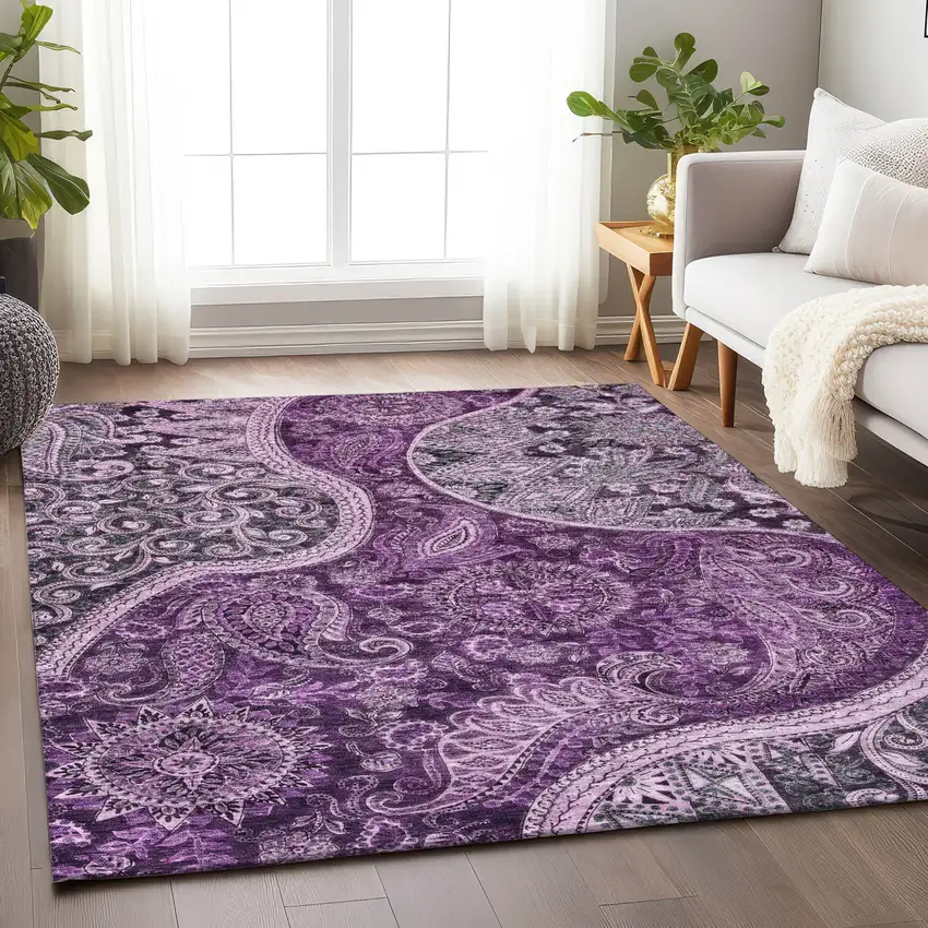 Purple And Charcoal Floral Medallion Washable Indoor Outdoor Area Rug Photo 8