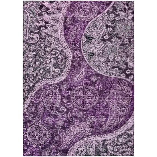 Purple And Charcoal Floral Medallion Washable Indoor Outdoor Area Rug Photo 2