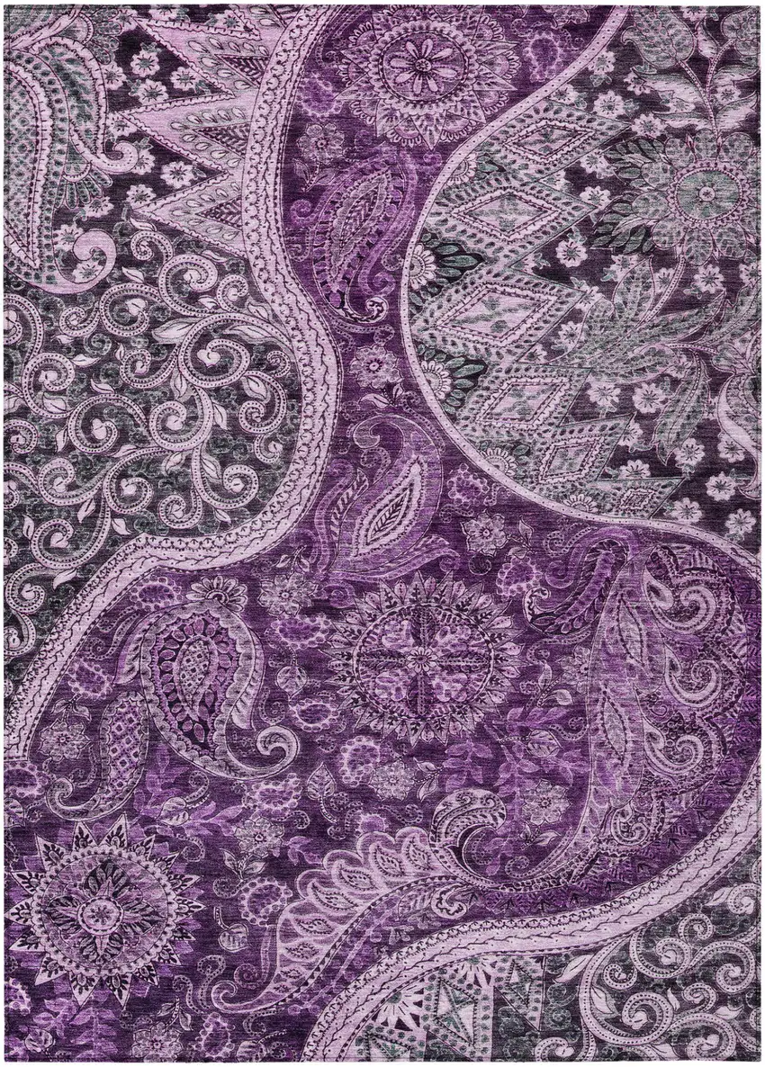 Purple And Charcoal Floral Medallion Washable Indoor Outdoor Area Rug Photo 2