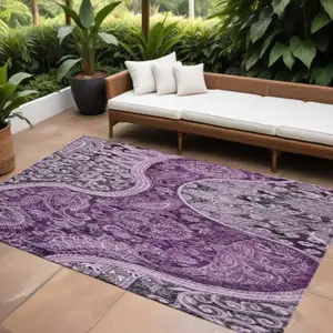 Photo of Purple And Charcoal Floral Medallion Washable Indoor Outdoor Area Rug