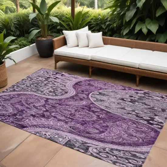 Purple And Charcoal Floral Medallion Washable Indoor Outdoor Area Rug Photo 1