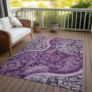 Photo of Purple And Charcoal Floral Medallion Washable Indoor Outdoor Area Rug