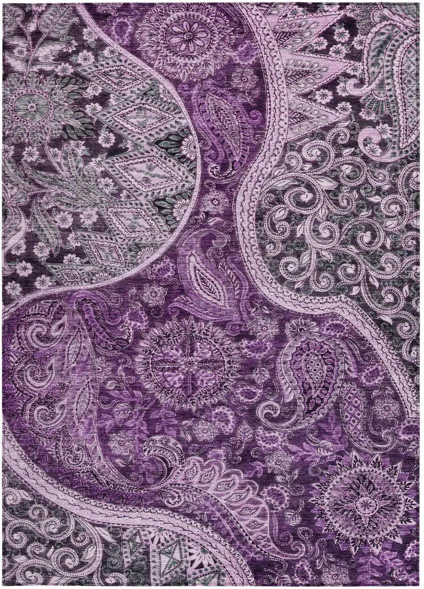 Purple And Charcoal Floral Medallion Washable Indoor Outdoor Area Rug Photo 6