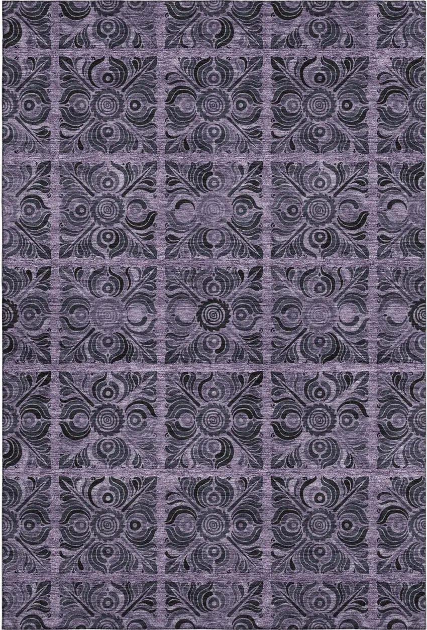 Purple And Charcoal Medallion Washable Area Rug With UV Protection Photo 1