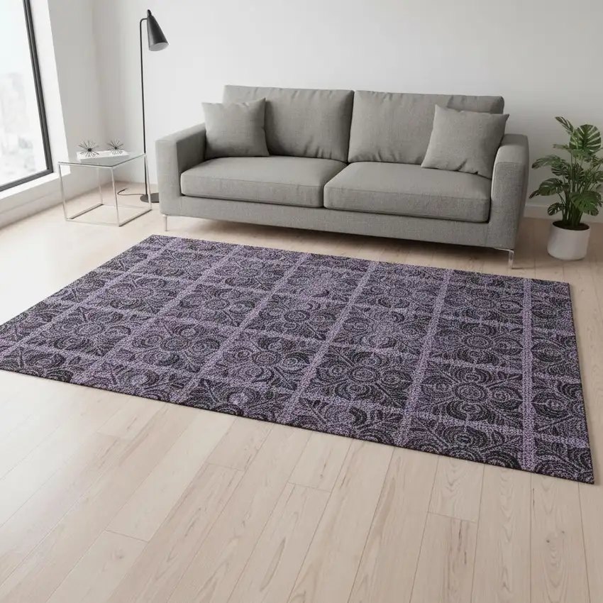 Purple And Charcoal Medallion Washable Area Rug With UV Protection Photo 2
