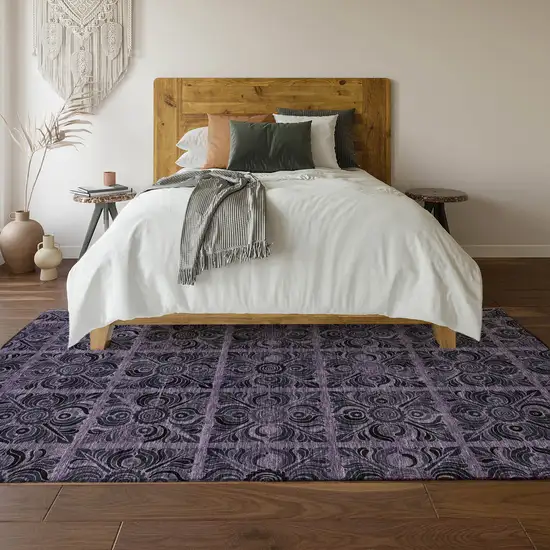 Purple And Charcoal Medallion Washable Area Rug With UV Protection Photo 6