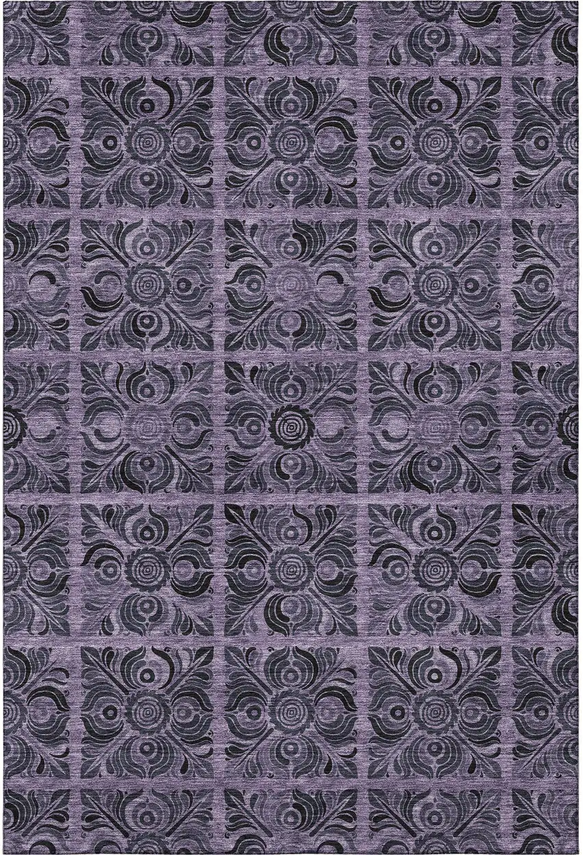Purple And Charcoal Medallion Washable Area Rug With UV Protection Photo 4
