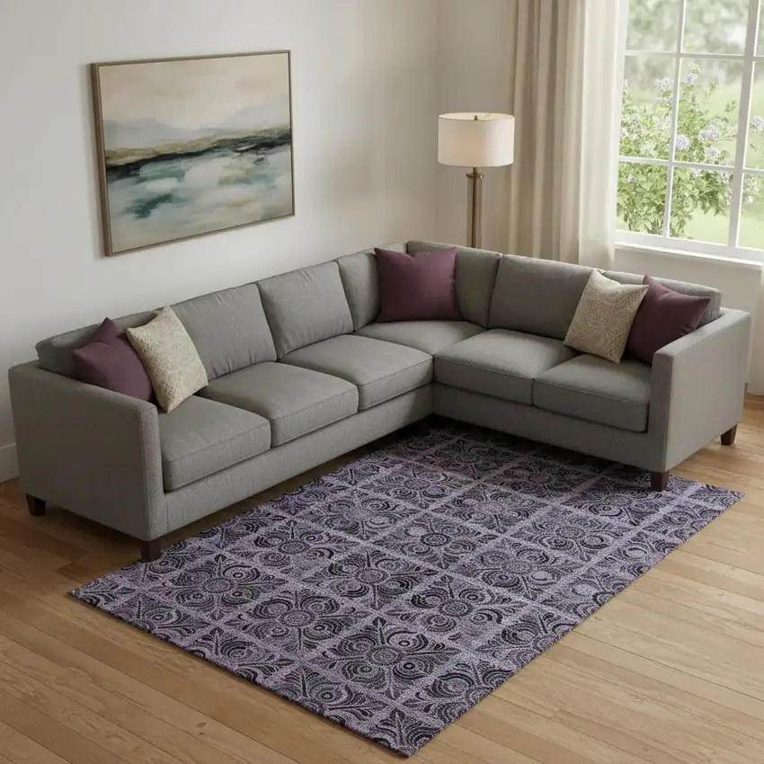 Purple And Charcoal Medallion Washable Area Rug With UV Protection Photo 1