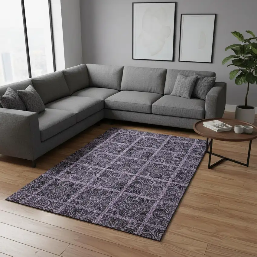 Purple And Charcoal Medallion Washable Area Rug With UV Protection Photo 2