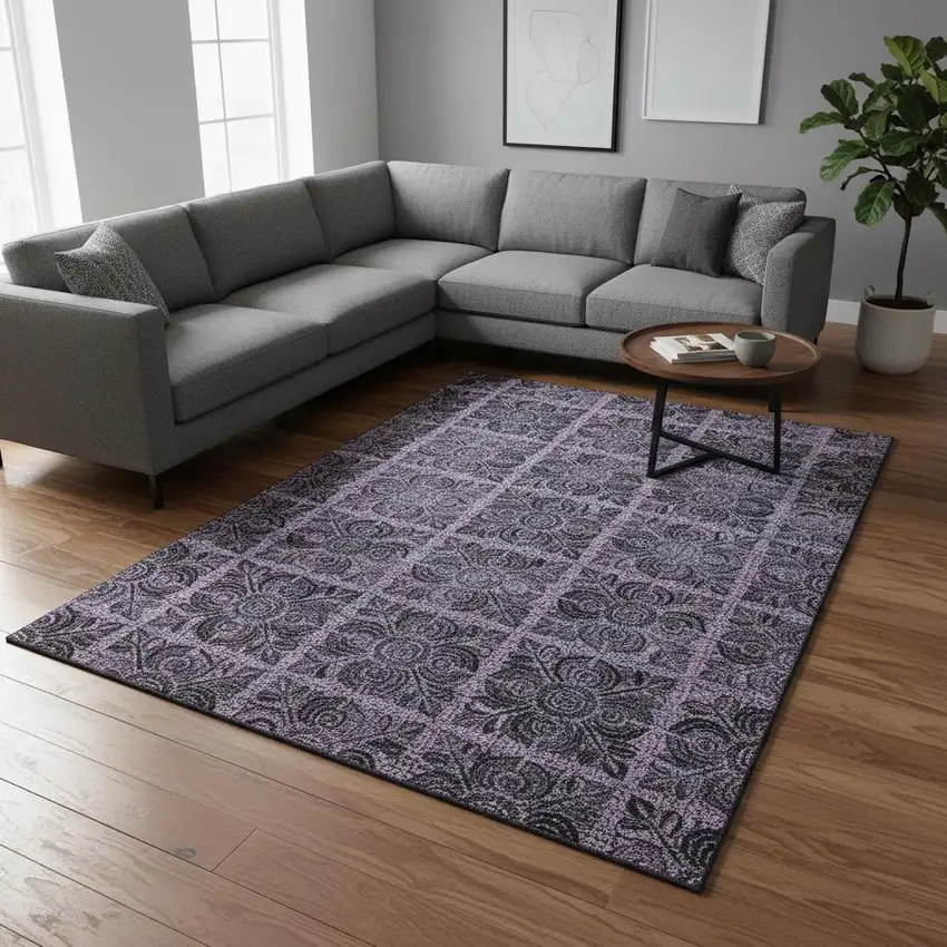 Purple And Charcoal Medallion Washable Area Rug With UV Protection Photo 2