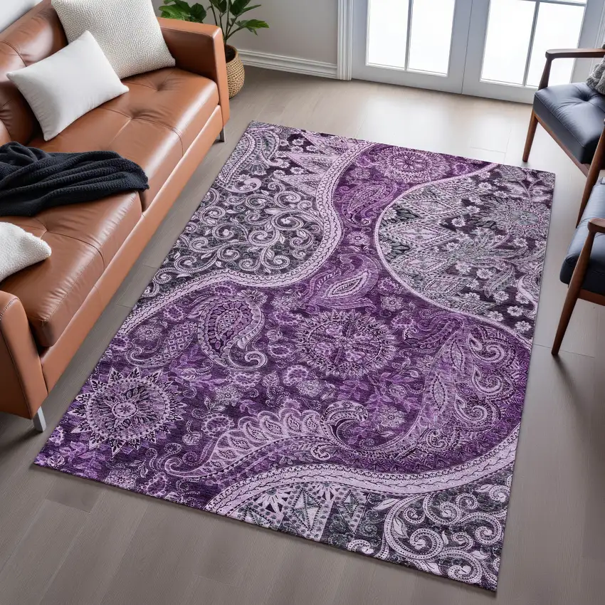 Purple And Charcoal Paisley Washable Area Rug With UV Protection Photo 5