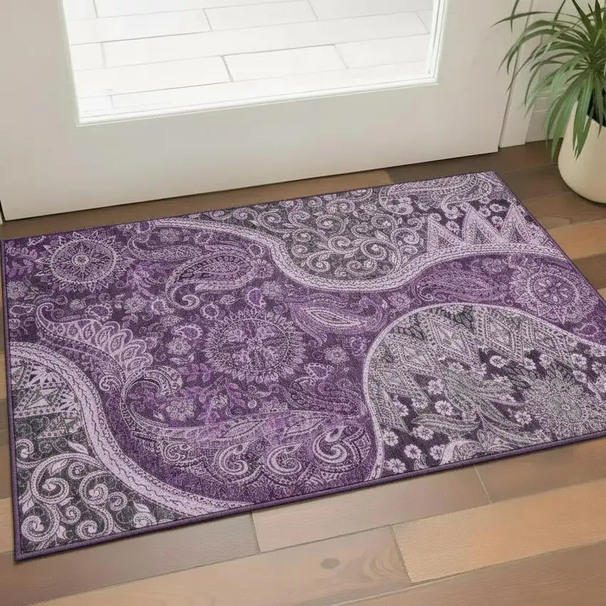 Purple And Charcoal Paisley Washable Area Rug With UV Protection Photo 2