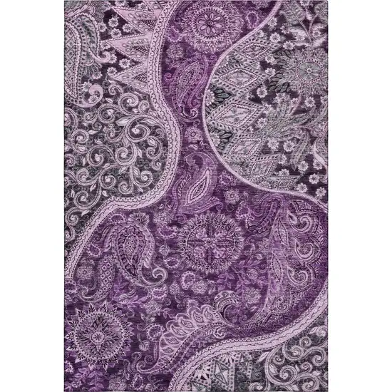 Purple And Charcoal Paisley Washable Area Rug With UV Protection Photo 1