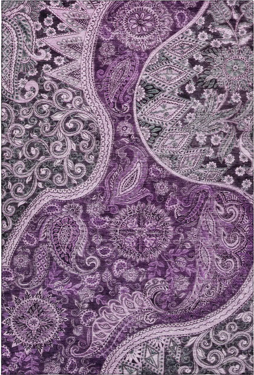 Purple And Charcoal Paisley Washable Area Rug With UV Protection Photo 1