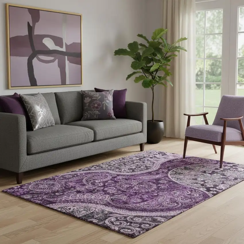Purple And Charcoal Paisley Washable Area Rug With UV Protection Photo 2