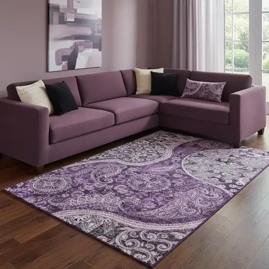 Purple And Charcoal Paisley Washable Area Rug With UV Protection Photo 2