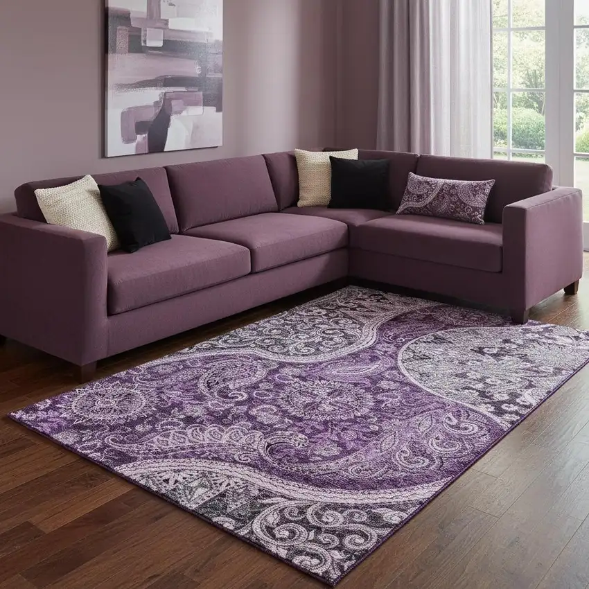 Purple And Charcoal Paisley Washable Area Rug With UV Protection Photo 2
