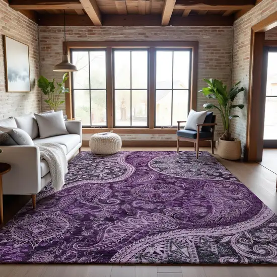 Purple And Charcoal Paisley Washable Area Rug With UV Protection Photo 5