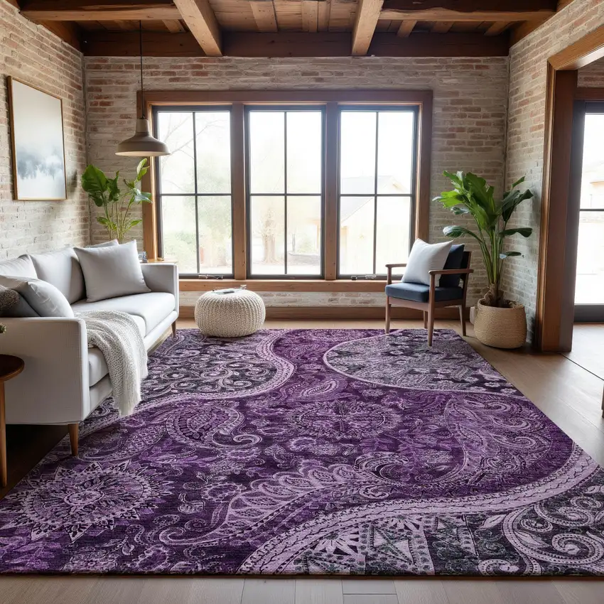 Purple And Charcoal Paisley Washable Area Rug With UV Protection Photo 5