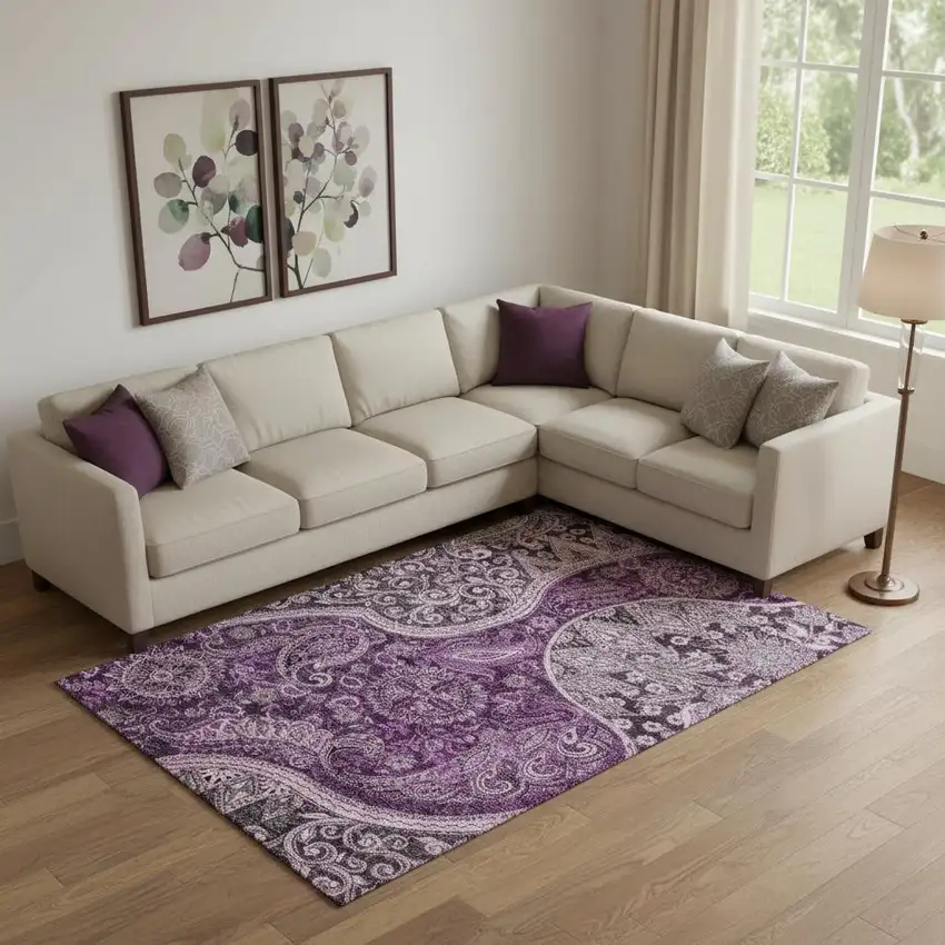 Purple And Charcoal Paisley Washable Area Rug With UV Protection Photo 2