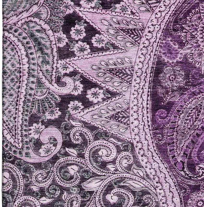 Purple And Charcoal Paisley Washable Area Rug With UV Protection Photo 3