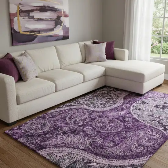 Purple And Charcoal Paisley Washable Area Rug With UV Protection Photo 2