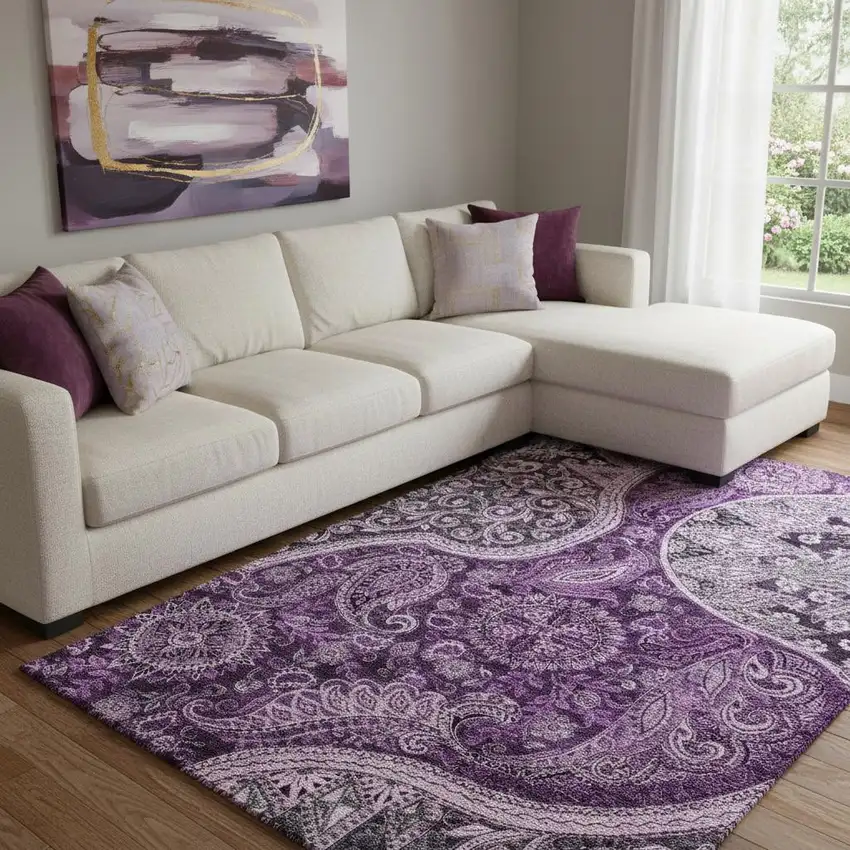 Purple And Charcoal Paisley Washable Area Rug With UV Protection Photo 2