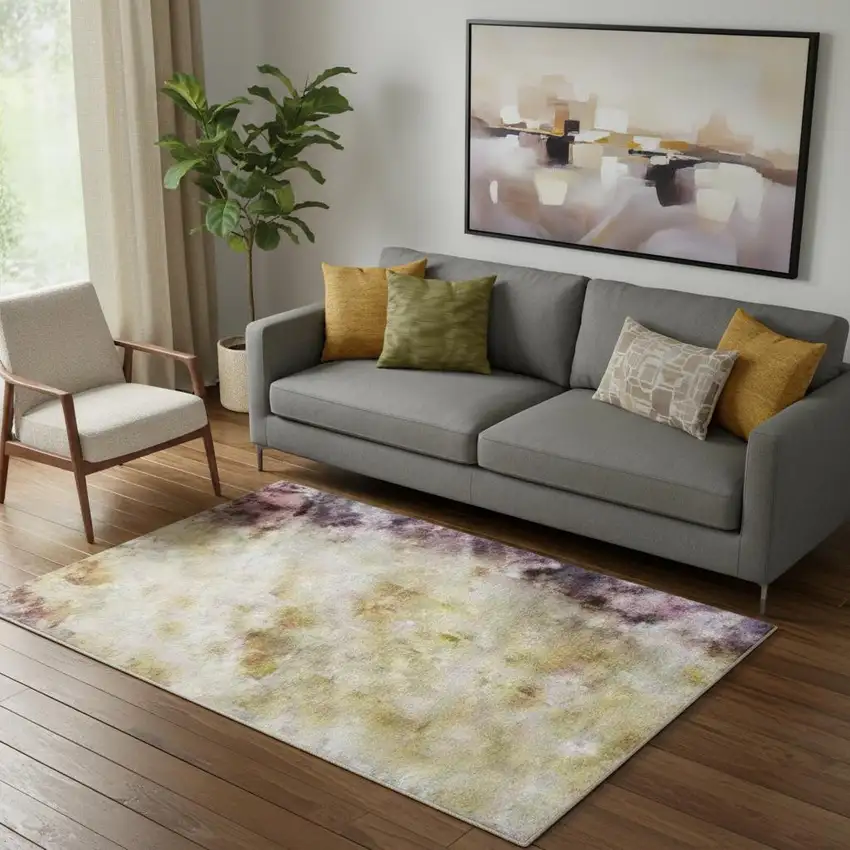 Purple And Gold Abstract Washable Area Rug With UV Protection Photo 2