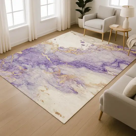 Purple And Gold Abstract Washable Area Rug With UV Protection Photo 6