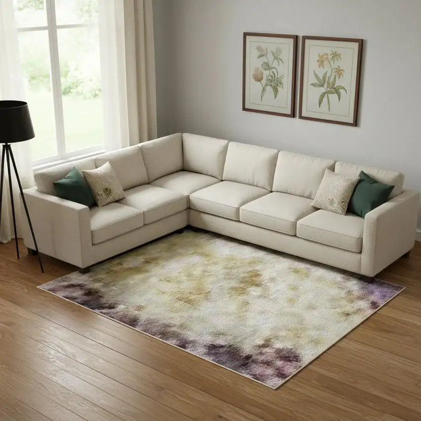 Purple And Gold Abstract Washable Area Rug With UV Protection Photo 2