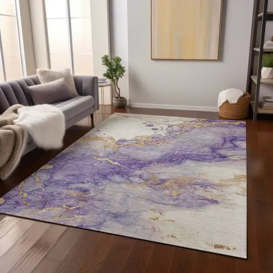 Purple And Gold Abstract Washable Indoor Outdoor Area Rug Photo 6
