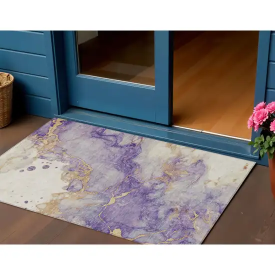 Purple And Gold Abstract Washable Indoor Outdoor Area Rug Photo 2
