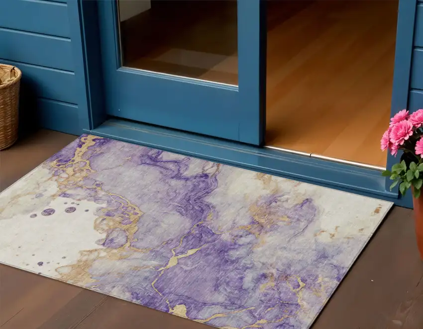 Purple And Gold Abstract Washable Indoor Outdoor Area Rug Photo 2