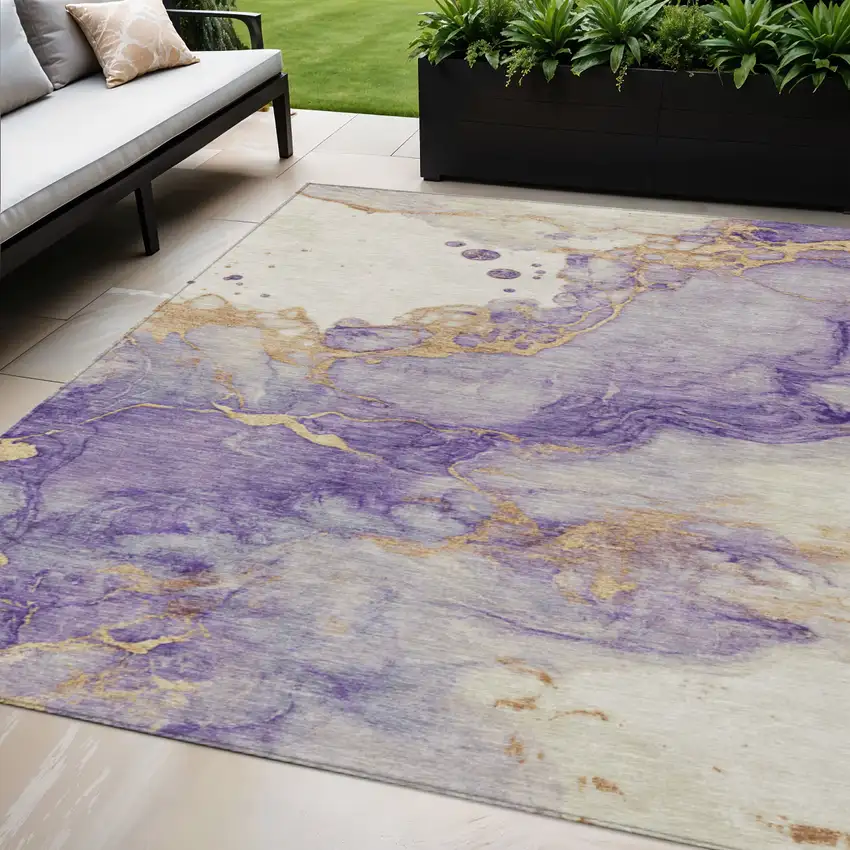 Purple And Gold Abstract Washable Indoor Outdoor Area Rug Photo 2